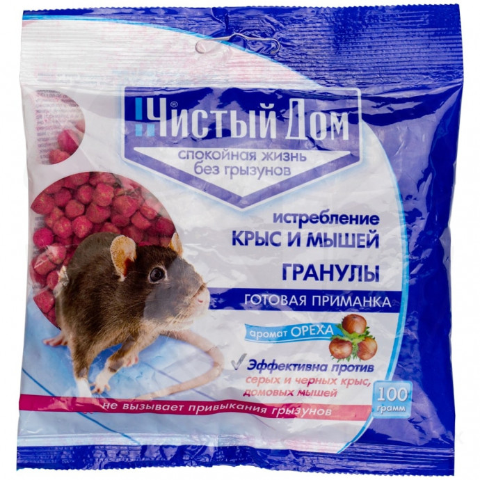 Приманка гранулированая "Чистый дом" против мышей и крыс 100 грамм Приманка гранулированая "Чистый дом" против мышей и крыс 100 грамм
